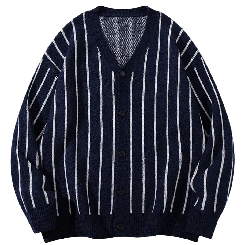 Shop the Iron + Ivy Vertical Pinstripe V-Neck Cardigan by Teddy Blaze. Oversized dark blue jacquard knit button-down cardigan sweater featuring crisp white pinstripes.