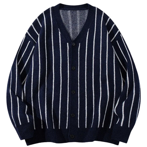 Shop the Iron + Ivy Vertical Pinstripe V-Neck Cardigan by Teddy Blaze. Oversized dark blue jacquard knit button-down cardigan sweater featuring crisp white pinstripes.