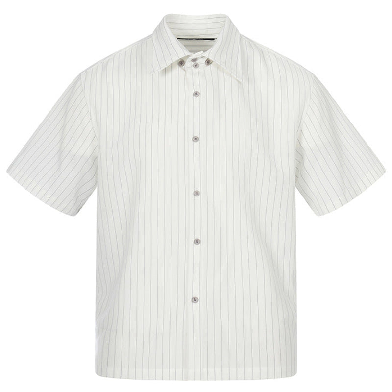 Shop the Iron + Ivy Wrinkle-Resistant Pinstripe Resort Shirt by Teddy Blaze. Crisp off-white short-sleeve button-down shirt featuring fine vertical navy pinstripes.