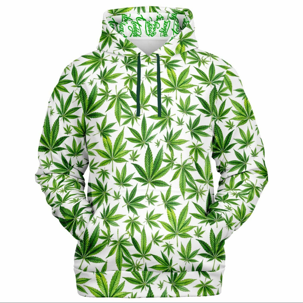 Shop the Ivory Kush Hooded Jumper by Teddy Blaze. Poly-spandex stretch hoodie with green botanical print & custom script-lined hood from HIGH ROLLERS OUTERWEAR.