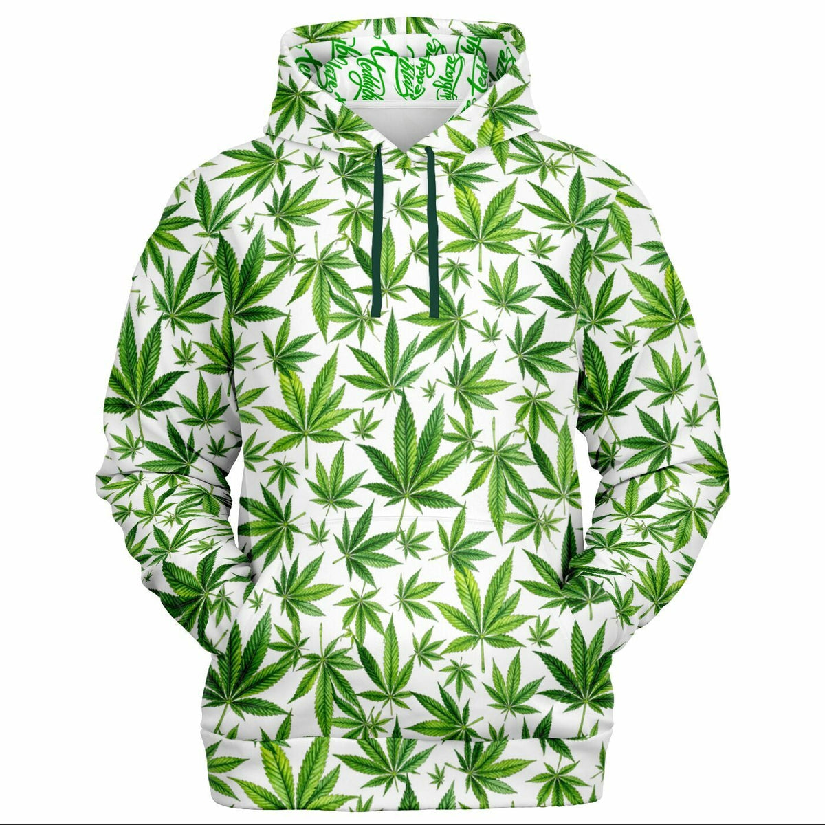 Shop the Ivory Kush Hooded Jumper by Teddy Blaze. Poly-spandex stretch hoodie with green botanical print & custom script-lined hood from HIGH ROLLERS OUTERWEAR.