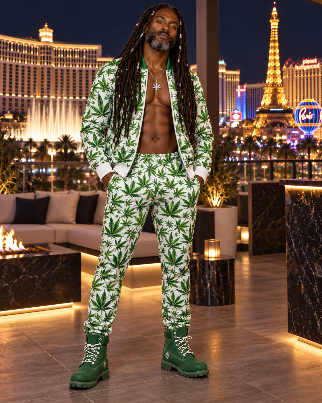Shop the Ivory Kush Tracksuit by Teddy Blaze. Recycled poly-spandex white & green botanical two-piece track set from HEAT BY TEDDY BLAZE.