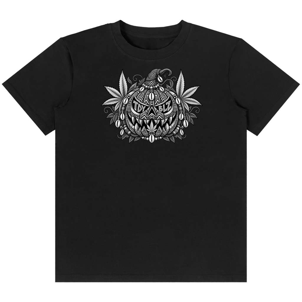 Teddy Blaze, The Mature Mocha Collection, Jack-O-Leaftern tee, pumpkin graphic t-shirt, halloween streetwear tee, monochrome graphic tee, black stretch tee, TOPS, UNIGEN streetwear, masc-leaning luxury, Mature Mocha Money, Black Excellence