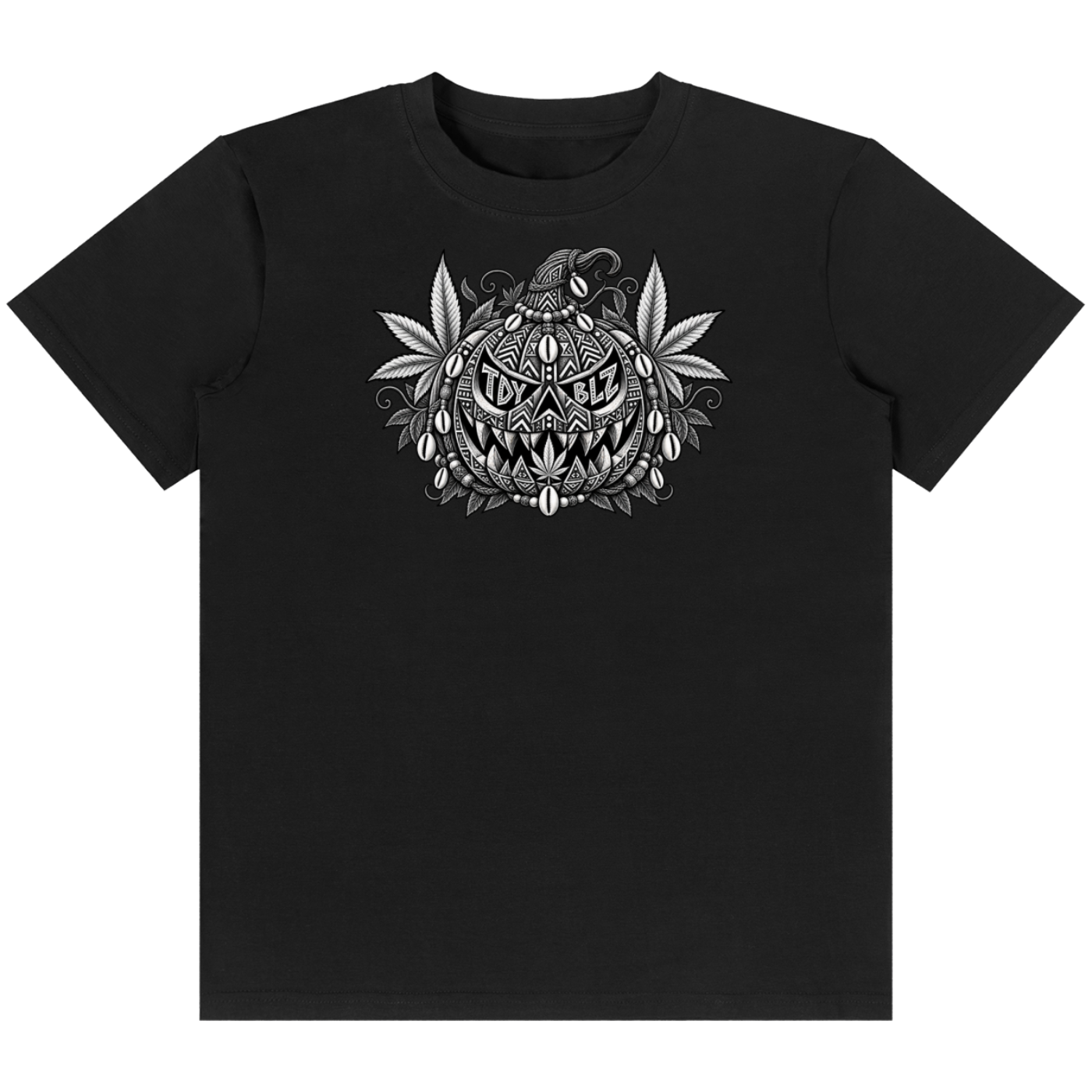 Teddy Blaze, The Mature Mocha Collection, Jack-O-Leaftern tee, pumpkin graphic t-shirt, halloween streetwear tee, monochrome graphic tee, black stretch tee, TOPS, UNIGEN streetwear, masc-leaning luxury, Mature Mocha Money, Black Excellence