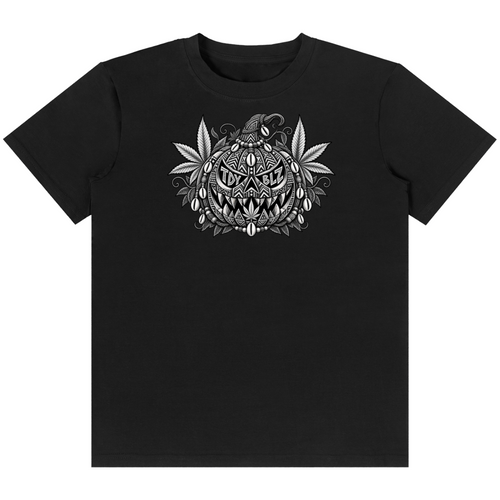 Teddy Blaze, The Mature Mocha Collection, Jack-O-Leaftern tee, pumpkin graphic t-shirt, halloween streetwear tee, monochrome graphic tee, black stretch tee, TOPS, UNIGEN streetwear, masc-leaning luxury, Mature Mocha Money, Black Excellence