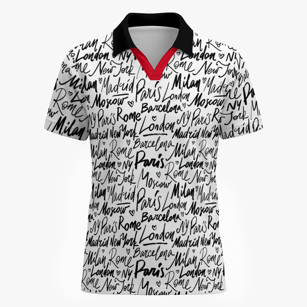 Shop the Jet Setter Polo by Teddy Blaze. 200 GSM performance poly polo with global city script print and crimson placket from The Mature Mocha Collection.