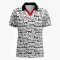 Shop the Jet Setter Polo by Teddy Blaze. 200 GSM performance poly polo with global city script print and crimson placket from The Mature Mocha Collection.
