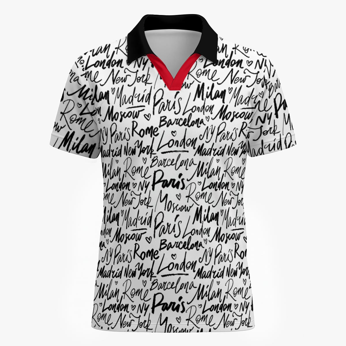 Shop the Jet Setter Polo by Teddy Blaze. 200 GSM performance poly polo with global city script print and crimson placket from The Mature Mocha Collection.