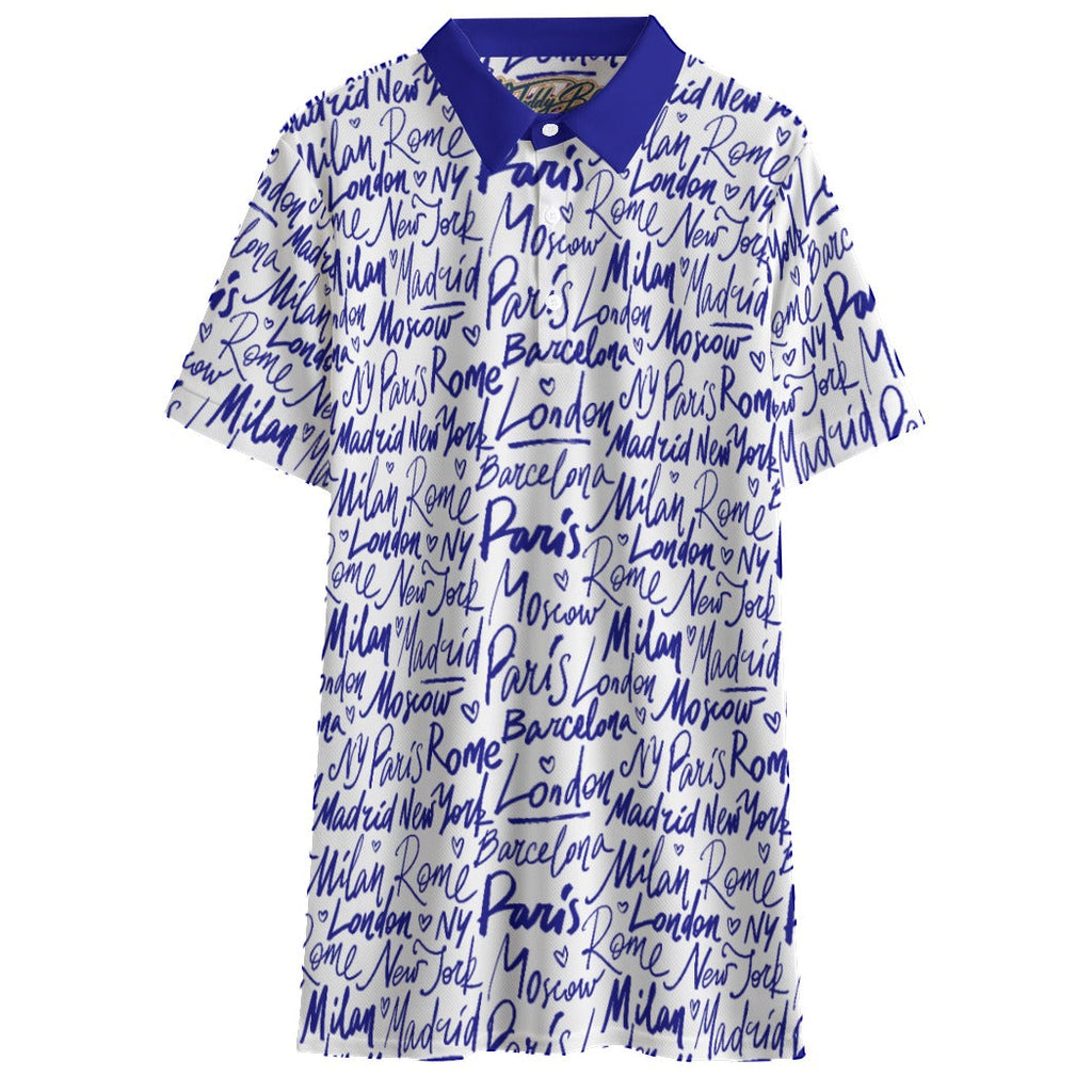 Shop the Jetsetter Short Golf Polo by Teddy Blaze. 145 GSM white & blue script performance polo with city destinations from TEDDY FORE!.