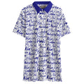 Shop the Jetsetter Short Golf Polo by Teddy Blaze. 145 GSM white & blue script performance polo with city destinations from TEDDY FORE!.