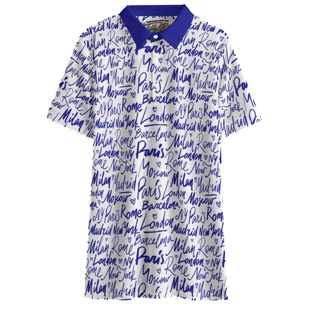 Shop the Jetsetter Short Golf Polo by Teddy Blaze. 145 GSM white & blue script performance polo with city destinations from TEDDY FORE!.