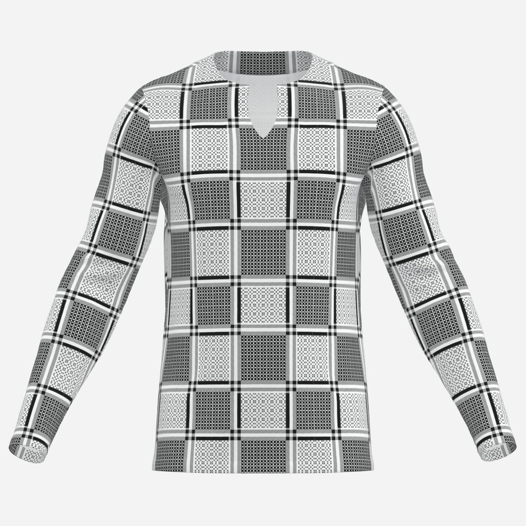Shop the Keffiyeh Notch Collar Jumper by Teddy Blaze, made from 190 GSM pearl mesh with black-and-white patternwork and a distinctive notch collar.