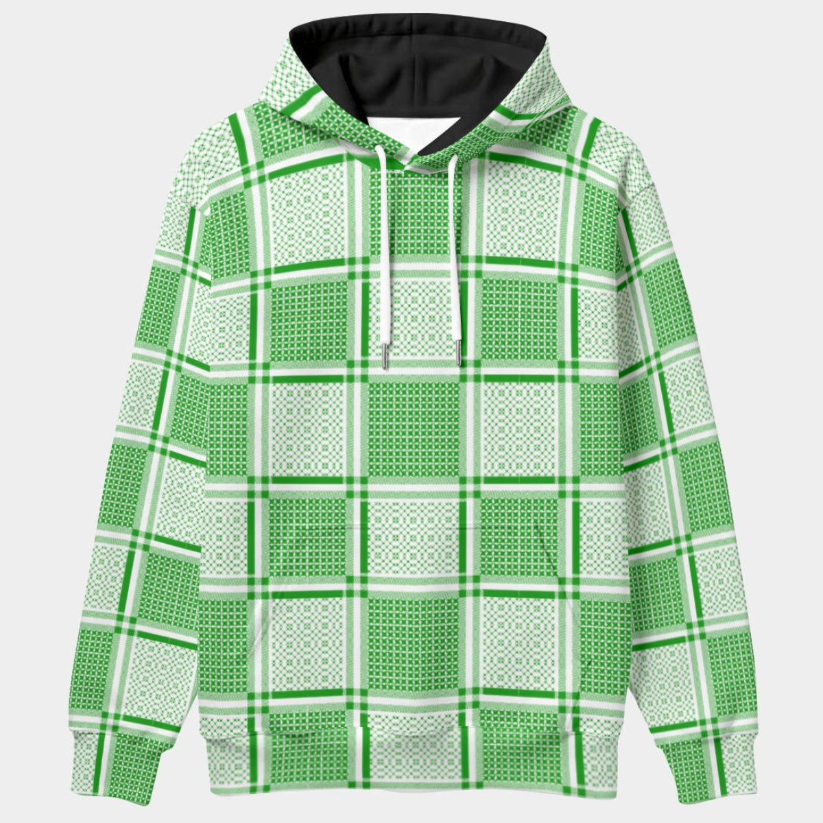 Shop the Iron + Ivy Keffiyeh Pattern Scuba Pullover Hoodie by Teddy Blaze. High-tech scuba stretch hoodie in emerald green and white geometric tapestry grid print with black hood lining.