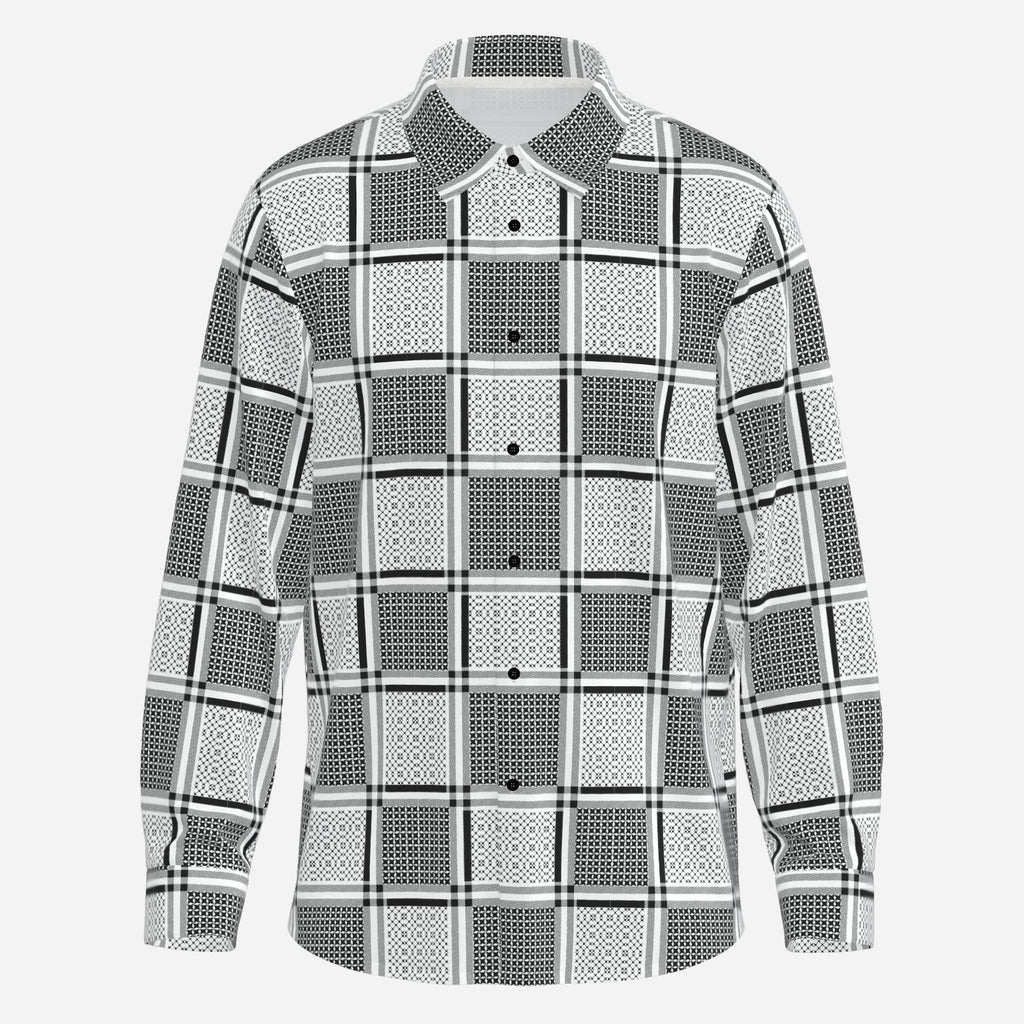 Shop the Keffiyeh Satiny Button Down by Teddy Blaze, featuring lightweight 90 GSM gloss fabric and graphic black-and-white keffiyeh-inspired patternwork.