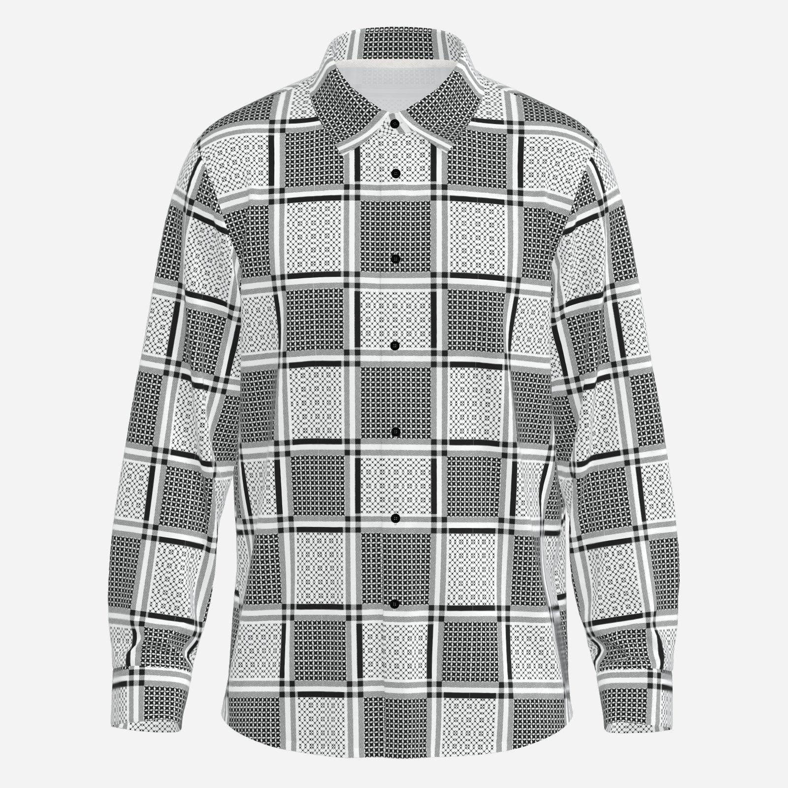Shop the Keffiyeh Satiny Button Down by Teddy Blaze, featuring lightweight 90 GSM gloss fabric and graphic black-and-white keffiyeh-inspired patternwork.