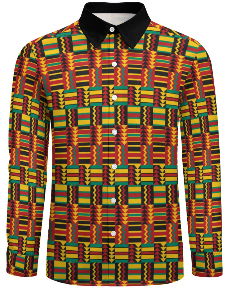 Shop the Iron + Ivy Kente Heritage Peach Velvet Shirt by Teddy Blaze. Long sleeve peach velvet button-down featuring vibrant Ghanaian Kente cloth geometric patterns and a contrast black collar.