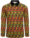 Shop the Iron + Ivy Kente Heritage Peach Velvet Shirt by Teddy Blaze. Long sleeve peach velvet button-down featuring vibrant Ghanaian Kente cloth geometric patterns and a contrast black collar.
