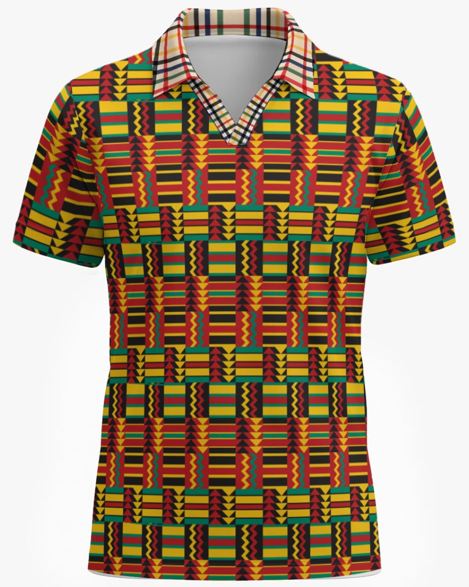 Shop the Iron + Ivy Kente & Rasta Tartan Mesh Open Polo by Teddy Blaze. Breathable mesh golf polo combining Ghanaian Kente body prints with a contrast Rasta tartan open collar.