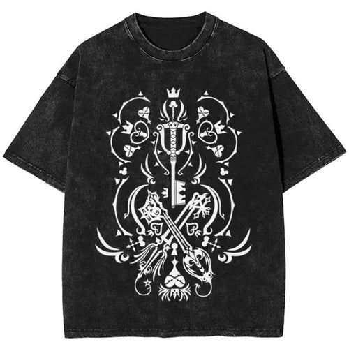 Shop the Keyblade Crest Mineral Wash Oversized Tee by Teddy Blaze. Vintage-washed jersey graphic t-shirt featuring gothic keyblade crest from THE IVY MAN.