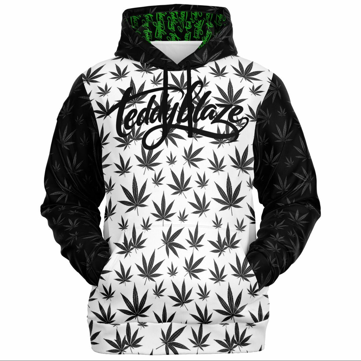 Shop the Kush Color Block Hooded Jumper by Teddy Blaze. Poly-spandex stretch hoodie with monochrome leaf color blocking & green script-lined hood from HIGH ROLLERS OUTERWEAR.