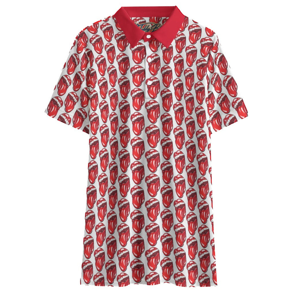 Shop the Lick Your Lips Short Golf Polo by Teddy Blaze. 145 GSM white & red pop-art lips performance polo from TEDDY FORE!.