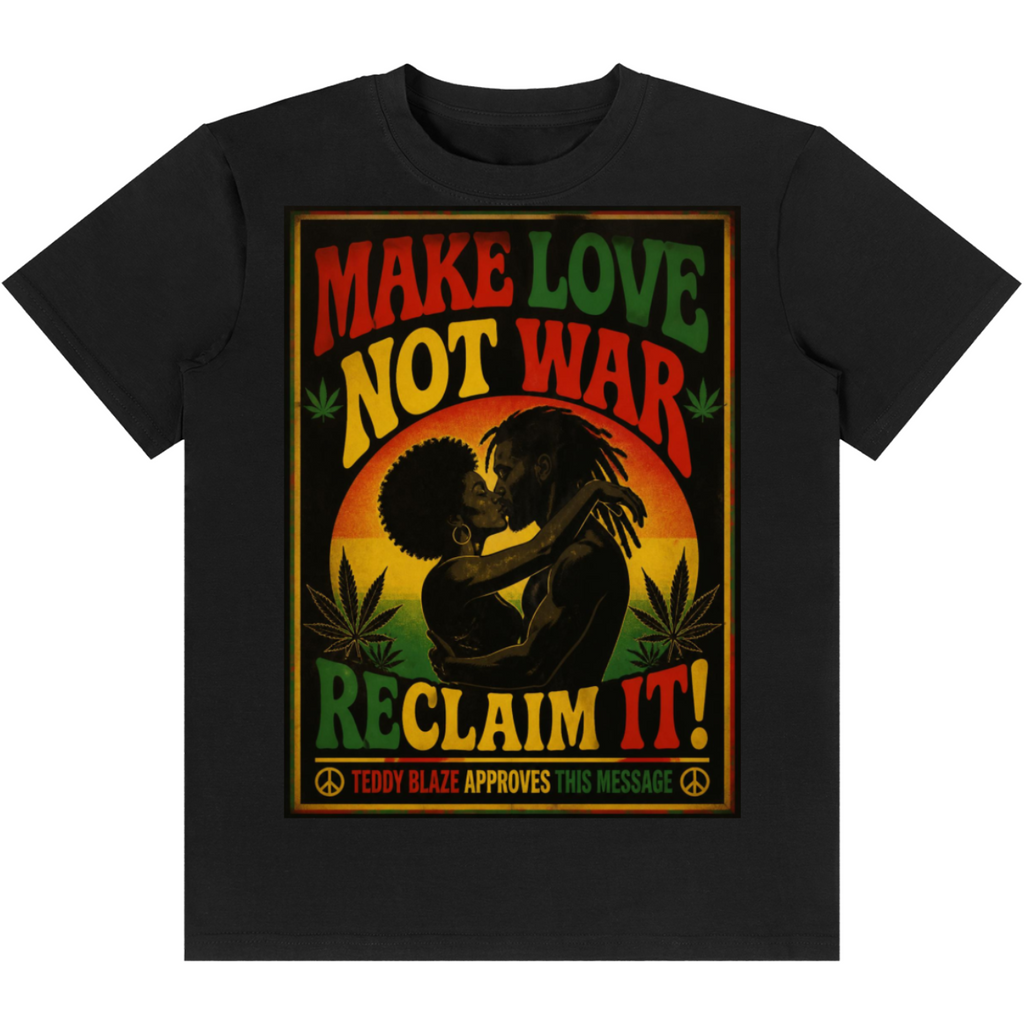 Shop the Make Love Not War Classic Tee by Teddy Blaze. 180 GSM cotton-spandex stretch tee featuring a romantic vintage poster print from the TOPS line of The Mature Mocha Collection.