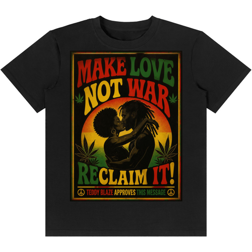 Shop the Make Love Not War Classic Tee by Teddy Blaze. 180 GSM cotton-spandex stretch tee featuring a romantic vintage poster print from the TOPS line of The Mature Mocha Collection.