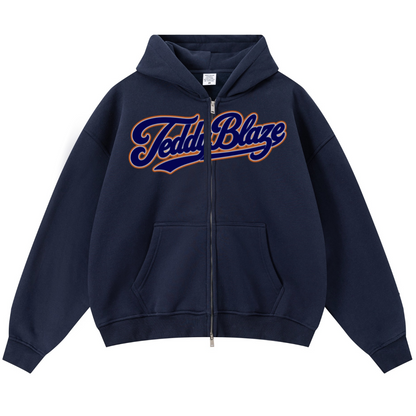 Heavyweight box cut zip up hoodie featuring a bold Signature logo, premium high-density fleece, two-way zipper, relaxed fit, and BK Collection streetwear style.