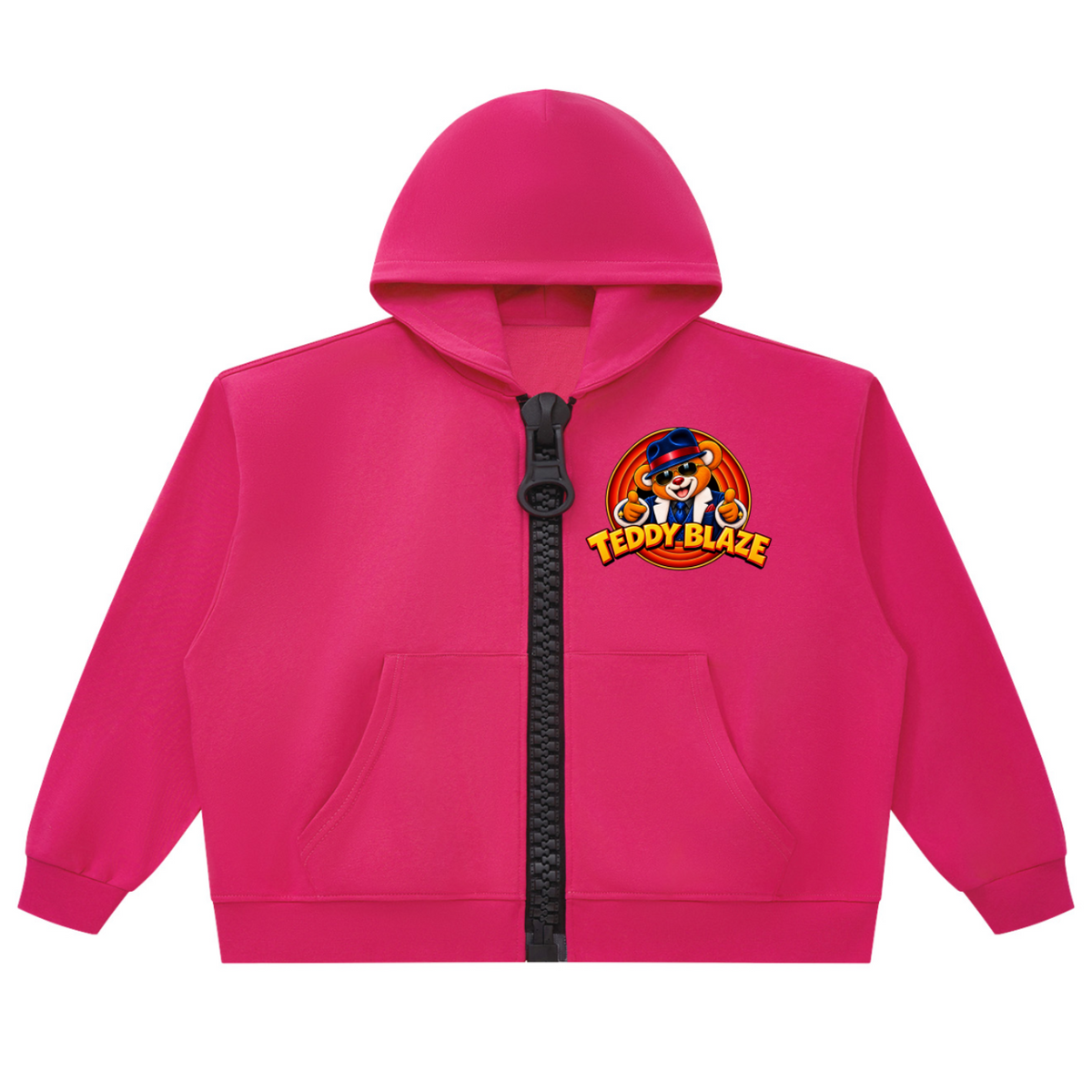 Elevate your vibrant streetwear layers with the House of Teddy Blaze Mr Blaze Jumbo Zip Box Cut Hoodie. Hot pink 345 gsm fleece, oversized chunky zipper, and suit-and-fedora bear graphics. Shop NYC to Vegas style.