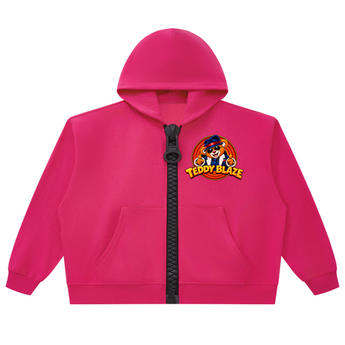 Elevate your vibrant streetwear layers with the House of Teddy Blaze Mr Blaze Jumbo Zip Box Cut Hoodie. Hot pink 345 gsm fleece, oversized chunky zipper, and suit-and-fedora bear graphics. Shop NYC to Vegas style.