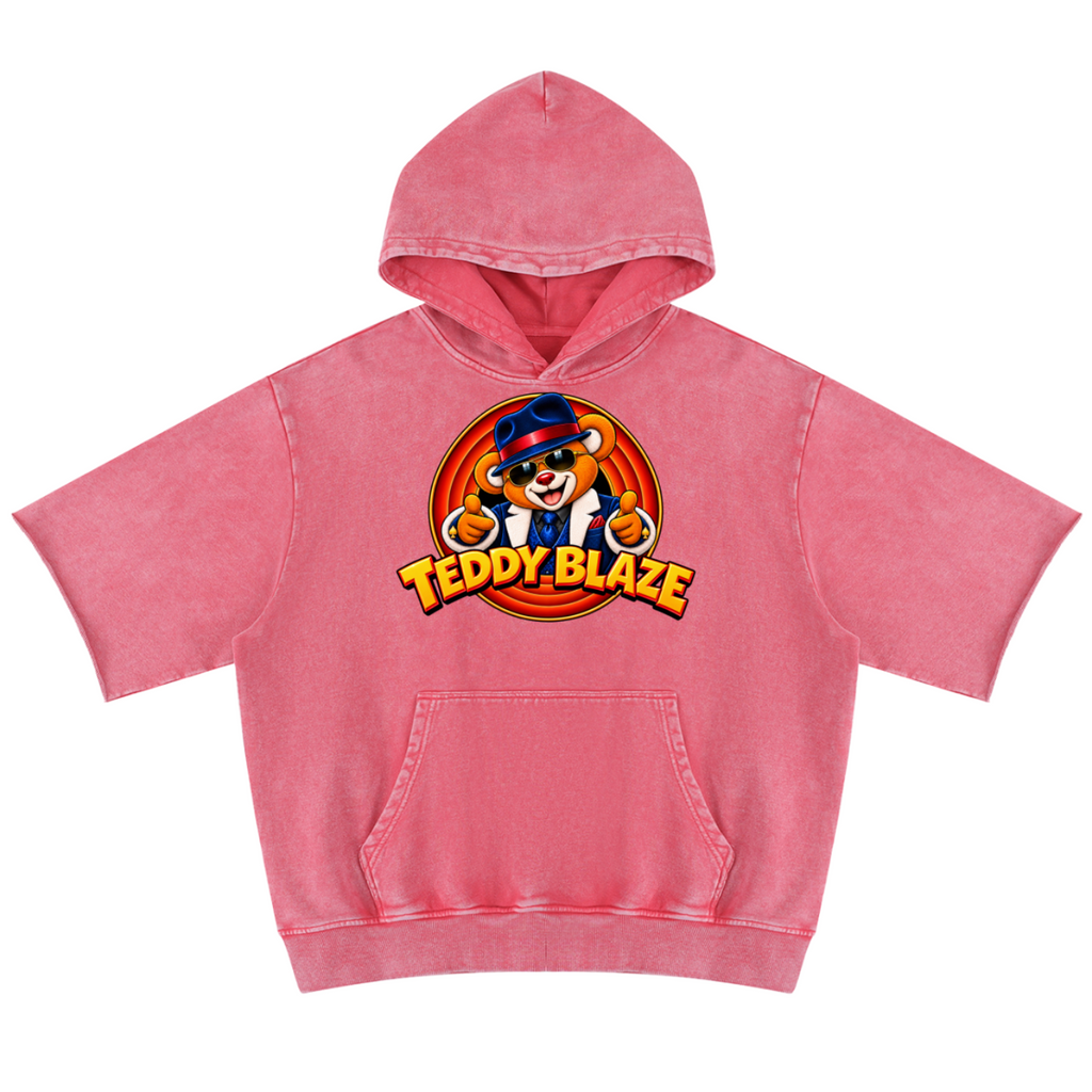 Elevate your warm-weather layers with the House of Teddy Blaze Mr Blaze Snow Short Sleeve Cotton Hoodie. Dusty rose snow-washed cotton fleece, raw-edge short sleeves, and fedora bear graphics. Shop NYC to Vegas style.