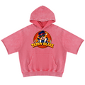 Elevate your warm-weather layers with the House of Teddy Blaze Mr Blaze Snow Short Sleeve Cotton Hoodie. Dusty rose snow-washed cotton fleece, raw-edge short sleeves, and fedora bear graphics. Shop NYC to Vegas style.