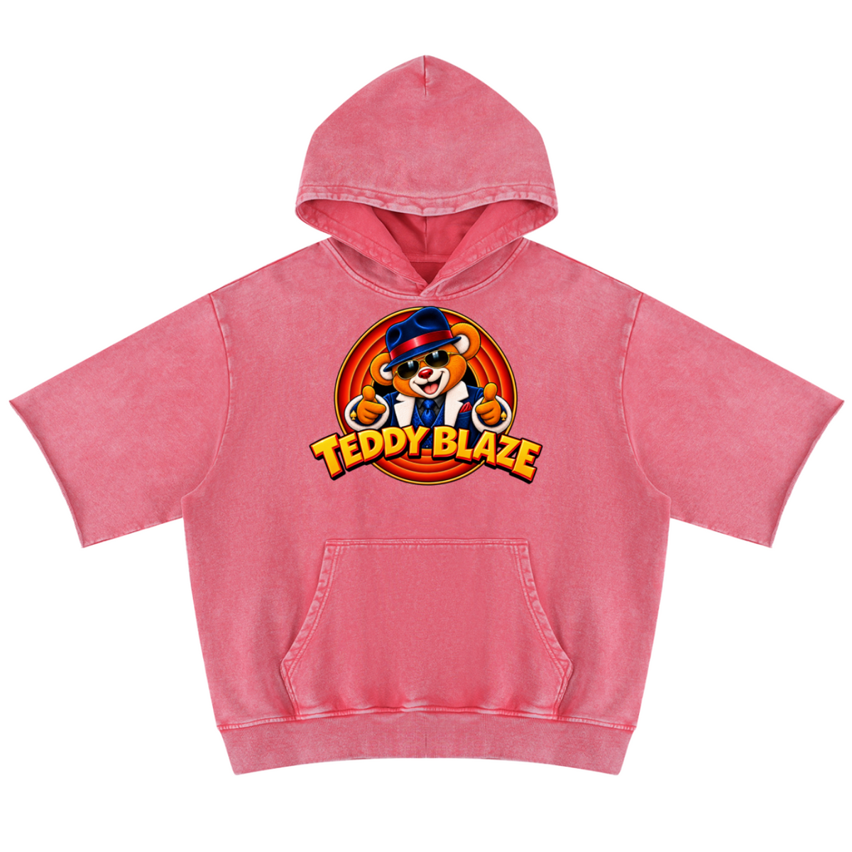 Elevate your warm-weather layers with the House of Teddy Blaze Mr Blaze Snow Short Sleeve Cotton Hoodie. Dusty rose snow-washed cotton fleece, raw-edge short sleeves, and fedora bear graphics. Shop NYC to Vegas style.