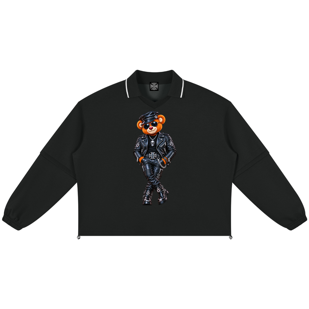 Shop the Mr. Teddy Blaze Detachable Sleeve Rugby Shirt by Teddy Blaze. Heavyweight 380 gsm cotton-blend rugby top with tipping collar, biker bear print, and DaCruz crest.