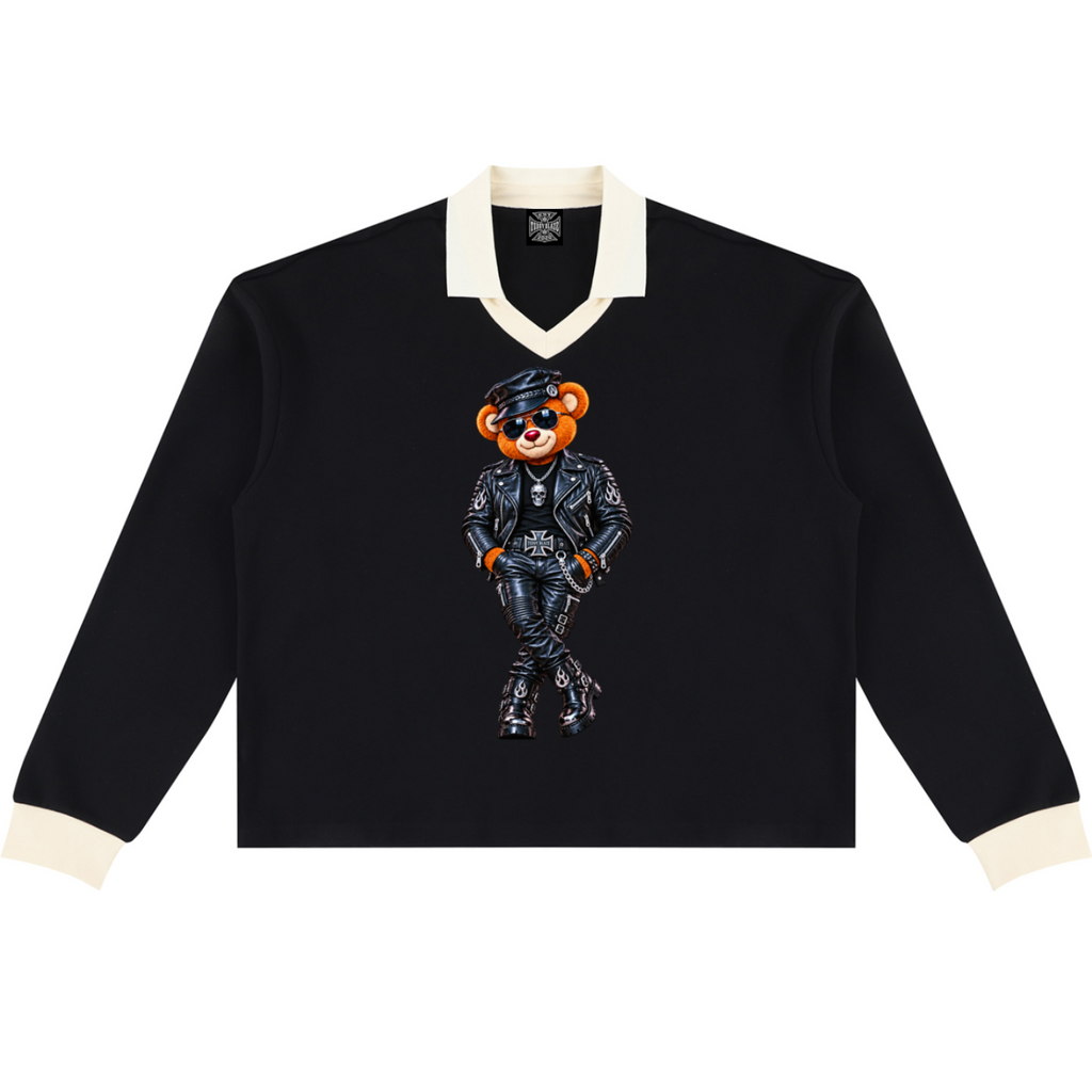 Shop the Mr. Teddy Blaze Rugby Shirt by Teddy Blaze. Heavyweight 320 gsm cotton-blend rugby shirt featuring contrast collar, biker bear front print, and DaCruz back crest.