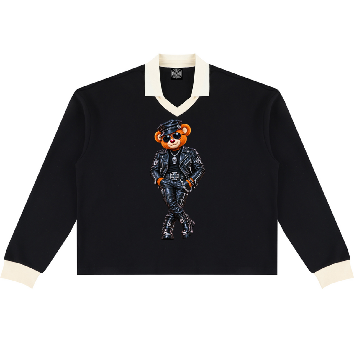 Shop the Mr. Teddy Blaze Rugby Shirt by Teddy Blaze. Heavyweight 320 gsm cotton-blend rugby shirt featuring contrast collar, biker bear front print, and DaCruz back crest.