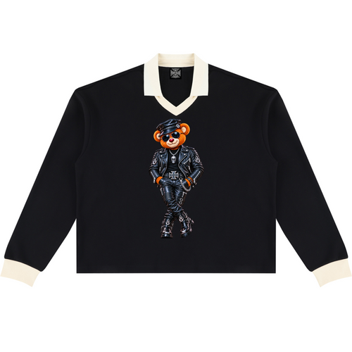Shop the Mr. Teddy Blaze Rugby Shirt by Teddy Blaze. Heavyweight 320 gsm cotton-blend rugby shirt featuring contrast collar, biker bear front print, and DaCruz back crest.