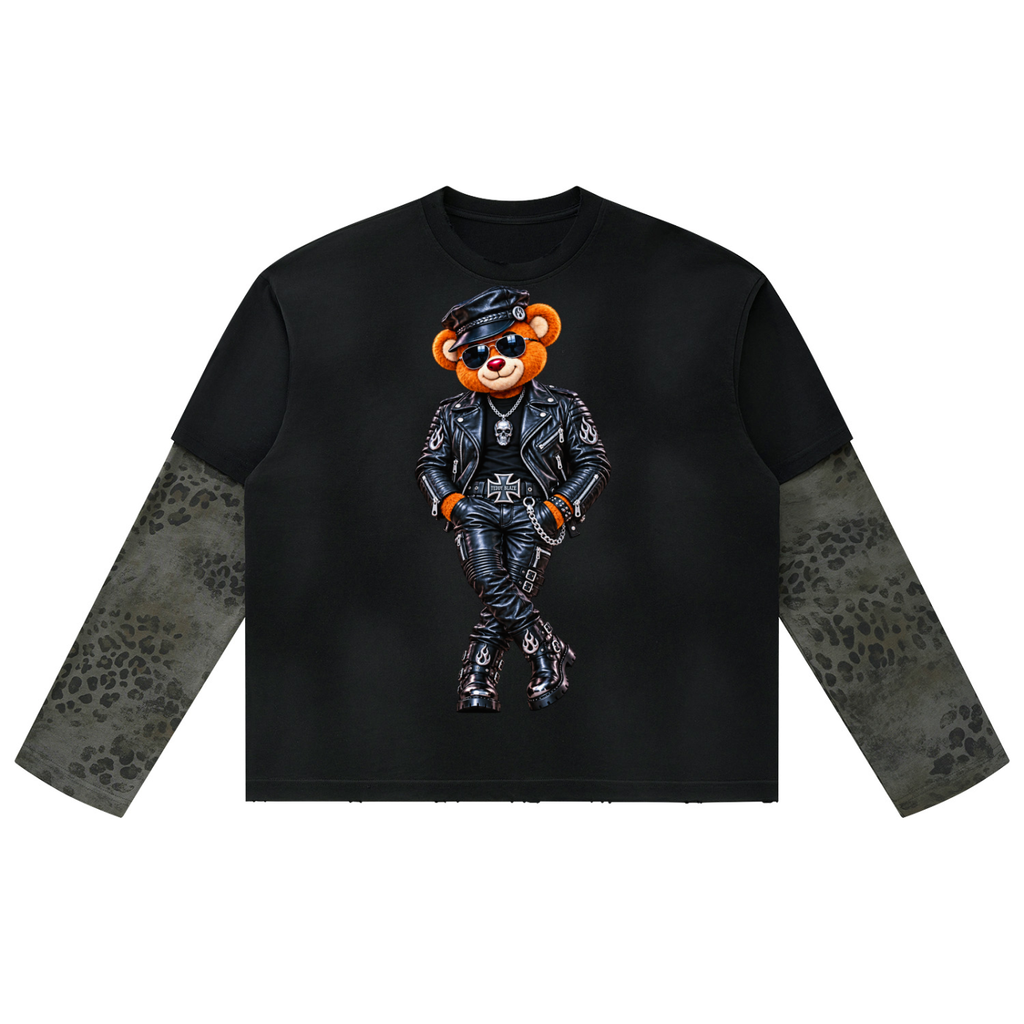 Shop the Mr. Teddy Blaze Vintage Wash Leopard Layered Cotton Jumper by Teddy Blaze. 310 gsm cotton sweatshirt with faux leopard inner sleeves, biker bear, and back crest.