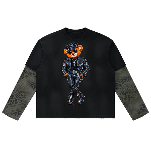 Shop the Mr. Teddy Blaze Vintage Wash Leopard Layered Cotton Jumper by Teddy Blaze. 310 gsm cotton sweatshirt with faux leopard inner sleeves, biker bear, and back crest.