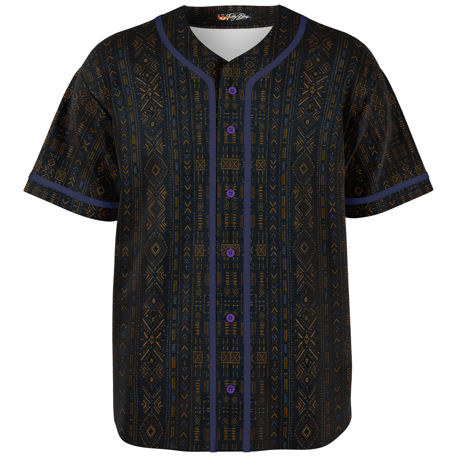 Shop the Teddy Blaze Mud Adire Baseball Jersey, blending indigo African textile-inspired geometry with classic American sportswear and contrast piping.