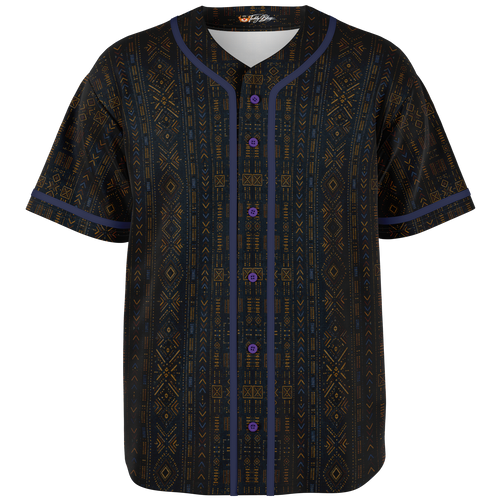 Shop the Teddy Blaze Mud Adire Baseball Jersey, blending indigo African textile-inspired geometry with classic American sportswear and contrast piping.