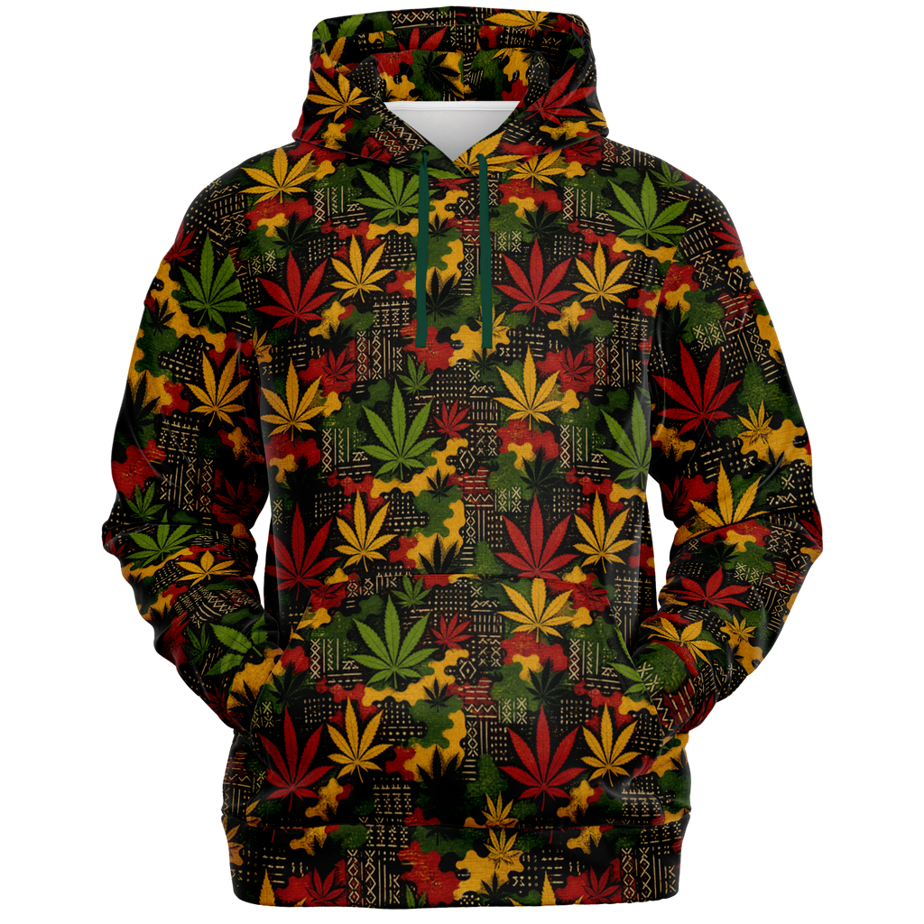 Shop the Teddy Blaze Mud Carnival Hooded Jumper featuring mudcloth-inspired geometry, cannabis leaves, RiGBY camouflage and a bold Teddy Blaze Rising back graphic.