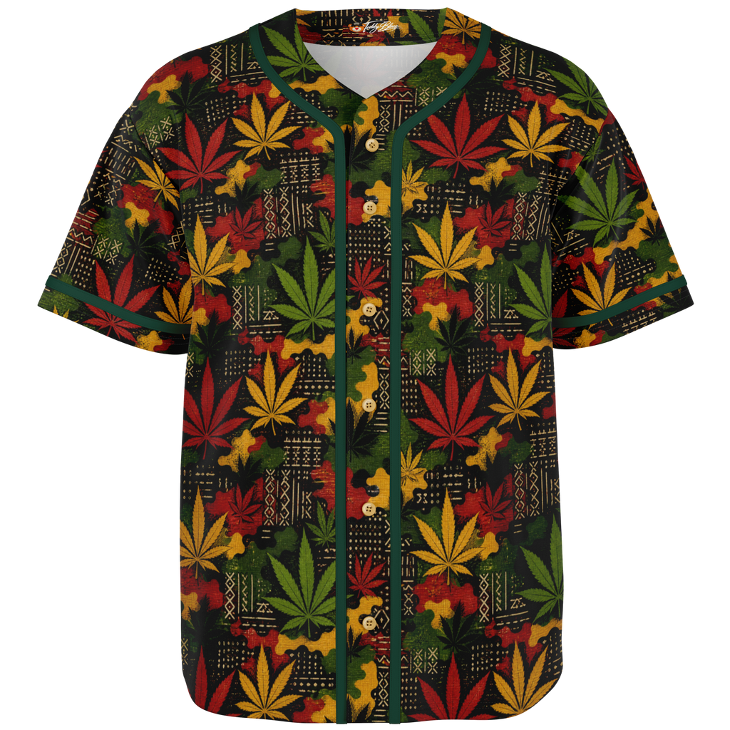 Shop the Teddy Blaze Mud Carnivale Baseball Jersey featuring mudcloth-inspired graphics, cannabis botanicals, RiGBY camouflage, green piping and Teddy Blaze Rising artwork.