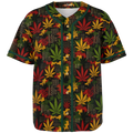 Shop the Teddy Blaze Mud Carnivale Baseball Jersey featuring mudcloth-inspired graphics, cannabis botanicals, RiGBY camouflage, green piping and Teddy Blaze Rising artwork.