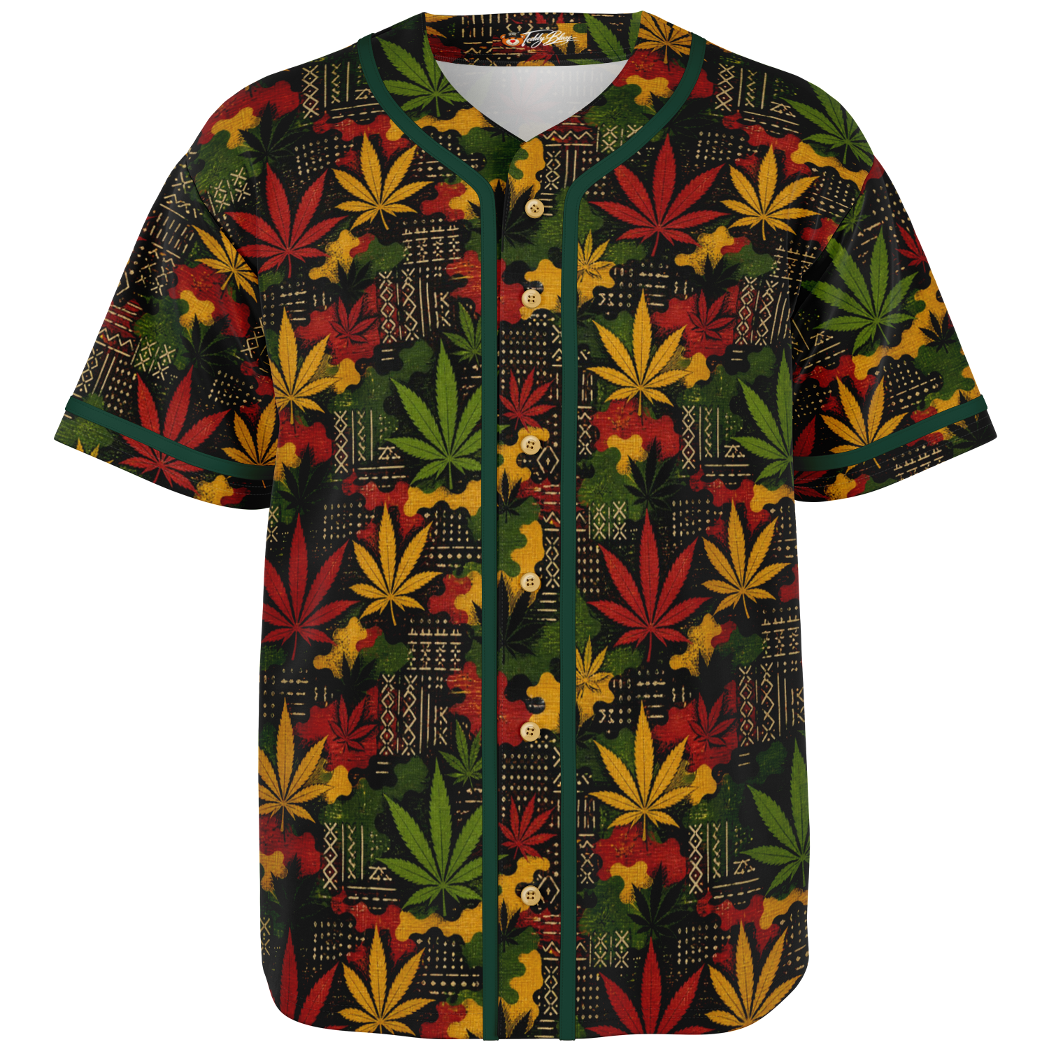 Shop the Teddy Blaze Mud Carnivale Baseball Jersey featuring mudcloth-inspired graphics, cannabis botanicals, RiGBY camouflage, green piping and Teddy Blaze Rising artwork.