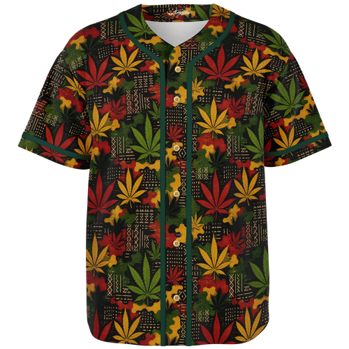 Shop the Teddy Blaze Mud Carnivale Baseball Jersey featuring mudcloth-inspired graphics, cannabis botanicals, RiGBY camouflage, green piping and Teddy Blaze Rising artwork.