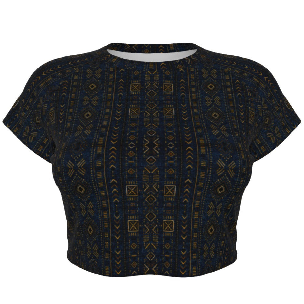 Shop the Teddy Blaze Mud of Indigo™ Cropped Tee, a stretch microfiber crop top with raglan sleeves and rich indigo African-inspired geometric patternwork.