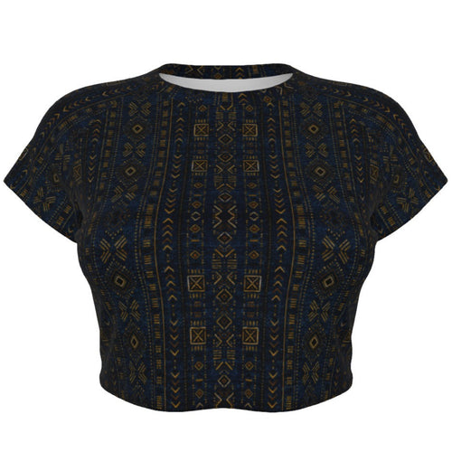 Shop the Teddy Blaze Mud of Indigo™ Cropped Tee, a stretch microfiber crop top with raglan sleeves and rich indigo African-inspired geometric patternwork.