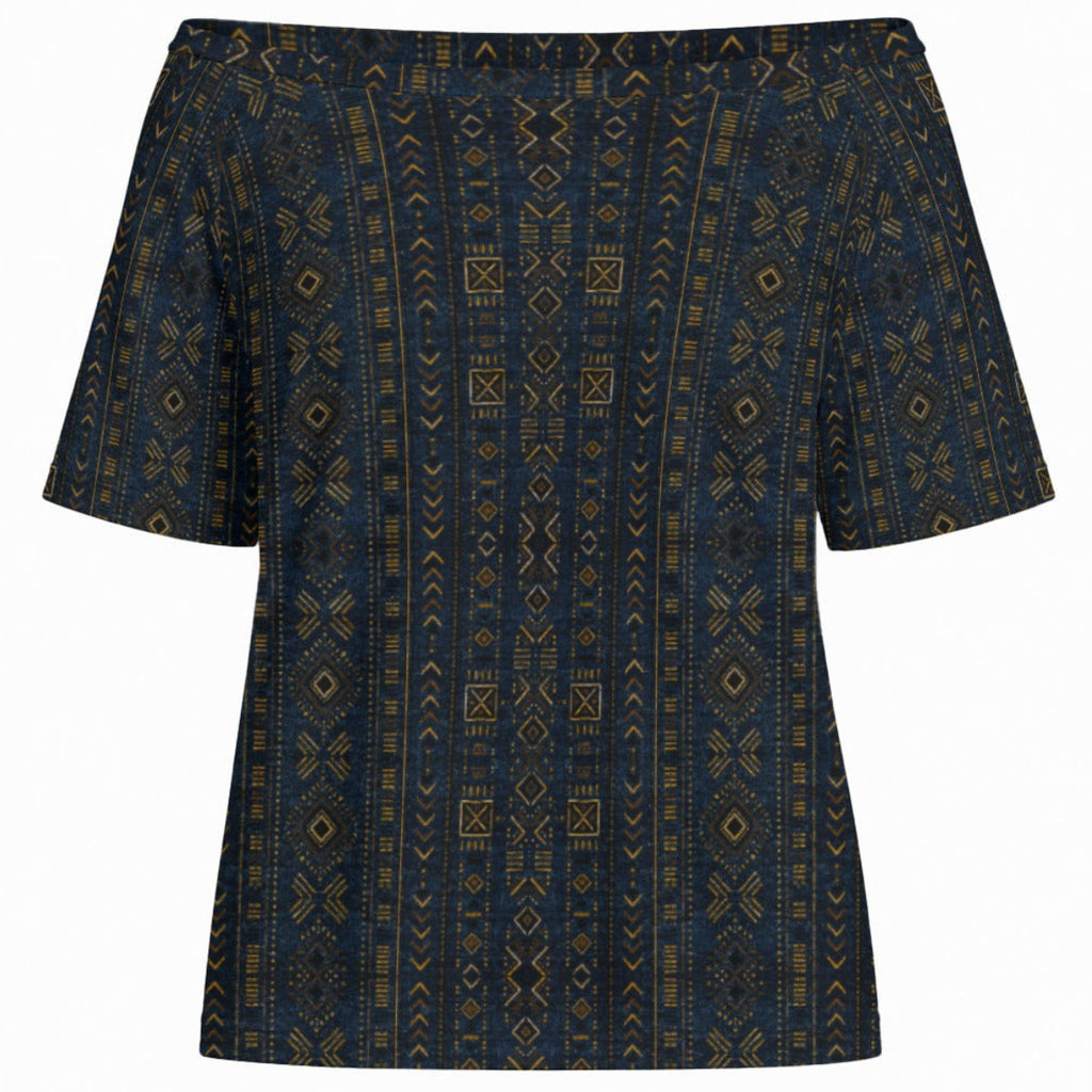 Shop the Teddy Blaze Mud of Indigo Off-the-Shoulder Tee, featuring an indigo-and-gold mudcloth-inspired print, relaxed fit and soft stretch fabric.