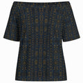 Shop the Teddy Blaze Mud of Indigo Off-the-Shoulder Tee, featuring an indigo-and-gold mudcloth-inspired print, relaxed fit and soft stretch fabric.